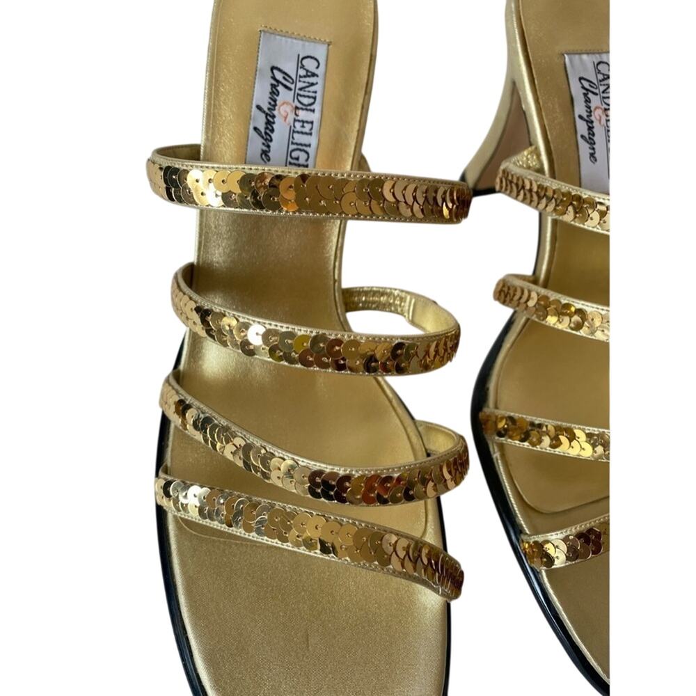 Candlelight & Champagne Women's 10W Gold Sequin Strappy Heels Party Prom NWOT - Picture 2 of 8